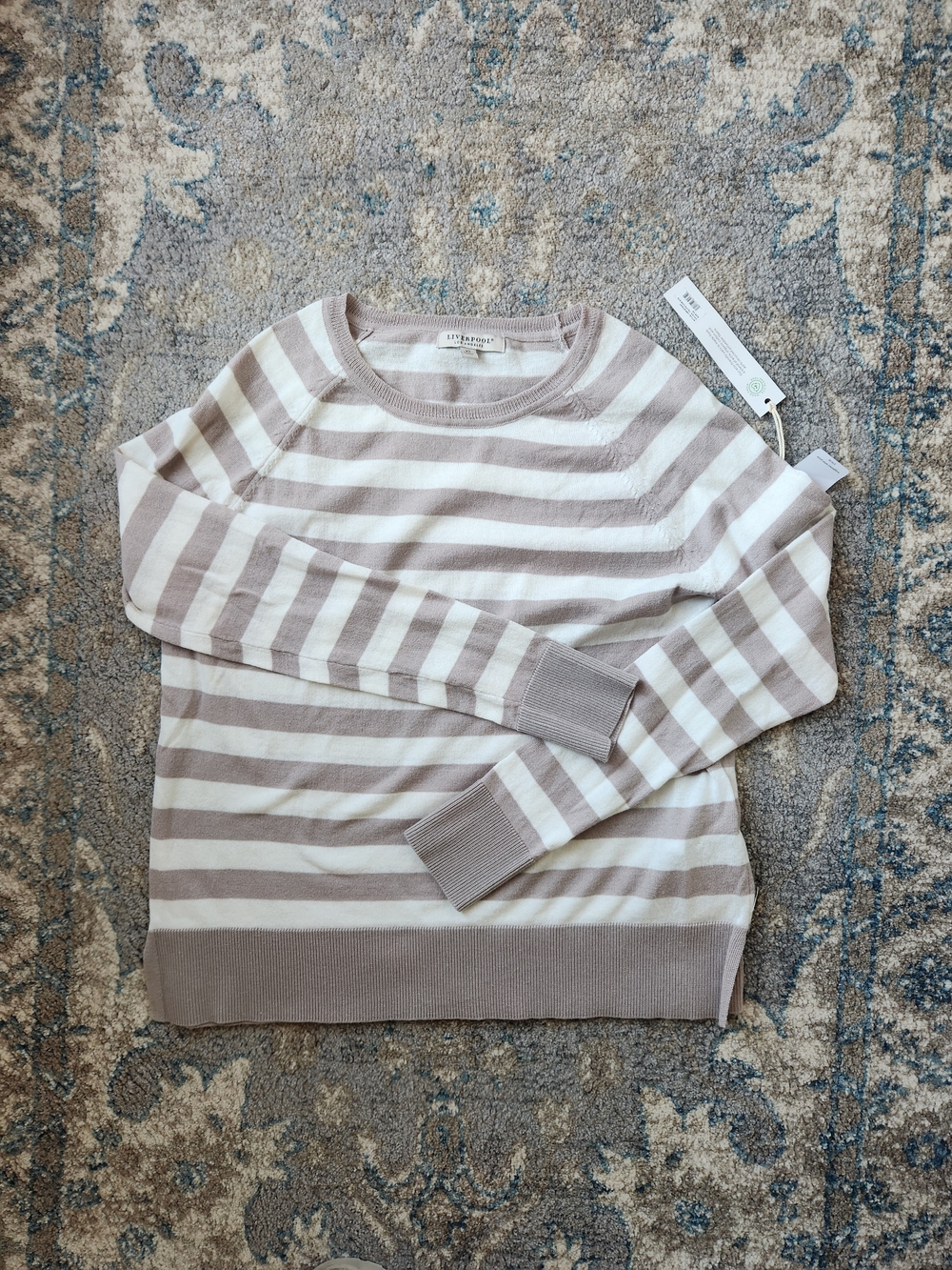 Liverpool Striped Lightweight Crewneck Sweater - Taupe & White NWT
